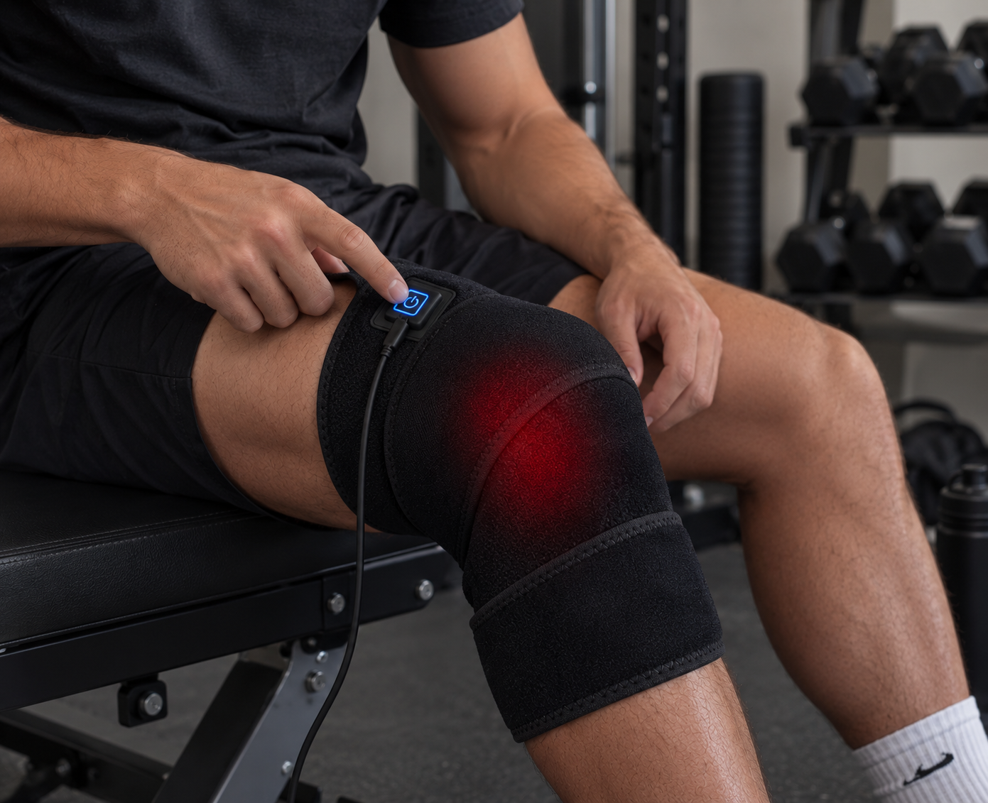 Person using the EMBER heated knee brace during a recovery session